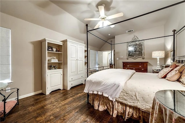 946 Briar Oaks Dr, Rockwall, TX 75087 - bedroom with dark wood finished floors, vaulted ceiling, and ceiling fan