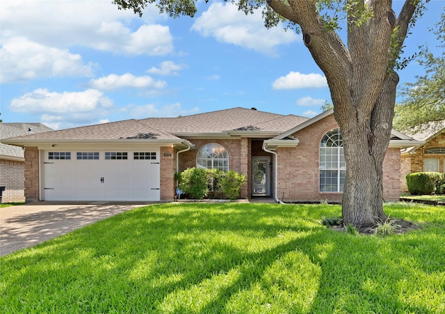 3937 Marsh Ln, Fort Worth, TX 76123 - ranch-style home featuring a front lawn, a garage, driveway, brick siding, and a shingled roof