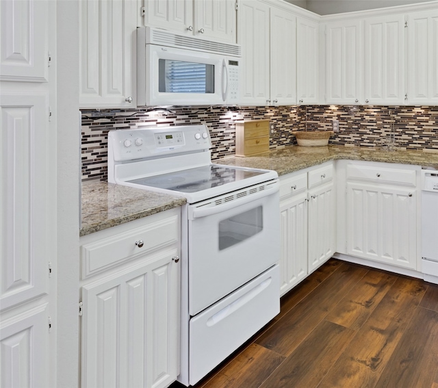 3937 Marsh Ln, Fort Worth, TX 76123 - kitchen featuring white appliances, backsplash, white cabinetry, dark wood finished floors, and light stone counters