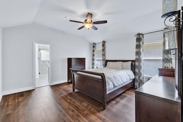 3937 Marsh Ln, Fort Worth, TX 76123 - bedroom with lofted ceiling, dark wood-style floors, connected bathroom, and a ceiling fan