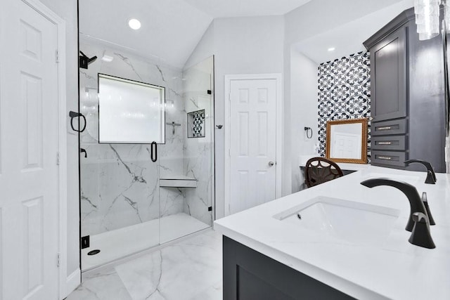 3937 Marsh Ln, Fort Worth, TX 76123 - full bath with marble finish floors, a marble finish shower, recessed lighting, double vanity, and lofted ceiling