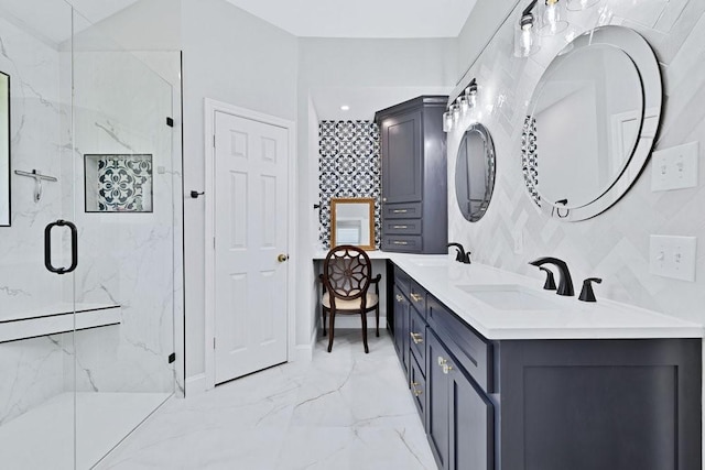 3937 Marsh Ln, Fort Worth, TX 76123 - full bathroom featuring marble finish floors, a marble finish shower, and double vanity
