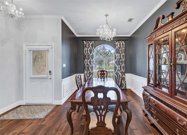 3937 Marsh Ln, Fort Worth, TX 76123 - dining area with a chandelier, dark wood-style flooring, ornamental molding, and wainscoting