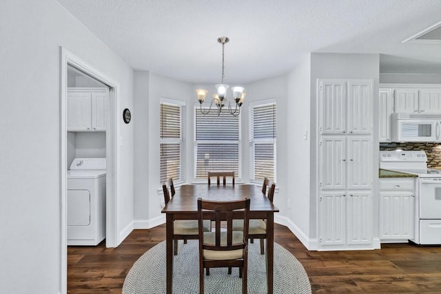 3937 Marsh Ln, Fort Worth, TX 76123 - dining space featuring washer / clothes dryer, a chandelier, dark wood-style flooring, and a textured ceiling