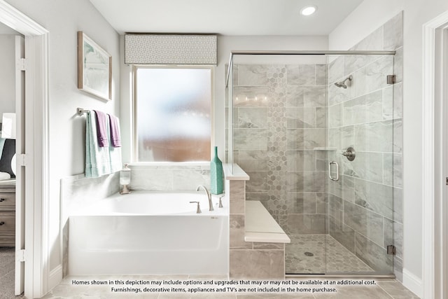 443 Aspen Way, Lavon, TX 75166 - bathroom featuring a garden tub, a shower stall, tile patterned floors, and recessed lighting