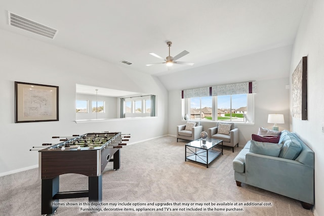 443 Aspen Way, Lavon, TX 75166 - carpeted living area with ceiling fan and vaulted ceiling