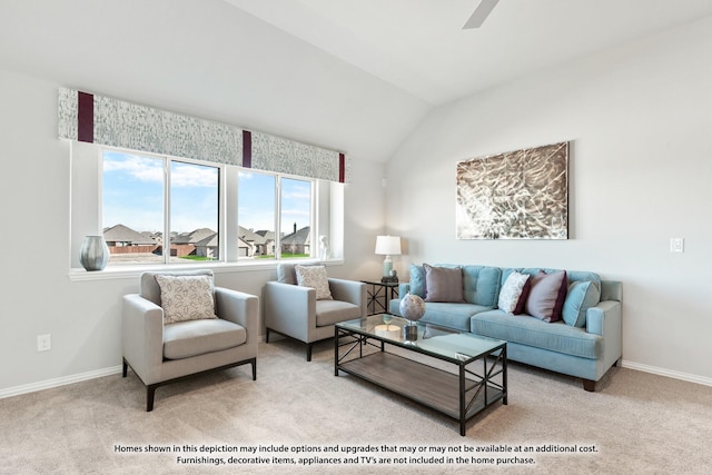 443 Aspen Way, Lavon, TX 75166 - living room featuring lofted ceiling, carpet flooring, and a ceiling fan