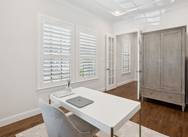 2751 Langley Way, Prosper, TX 75078 - office area featuring dark wood-style flooring and ornamental molding