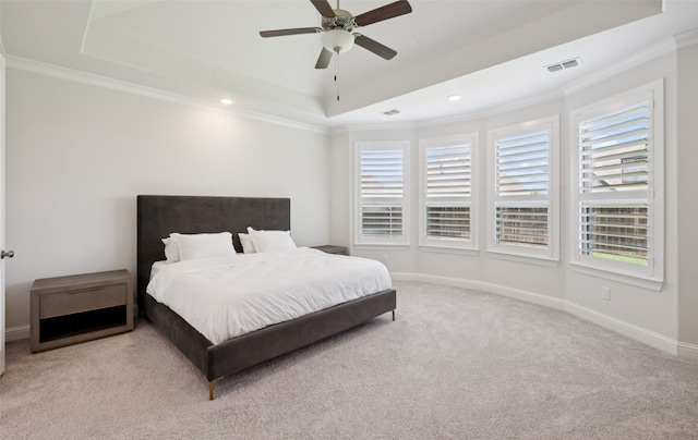 2751 Langley Way, Prosper, TX 75078 - carpeted bedroom with a raised ceiling, ornamental molding, recessed lighting, and ceiling fan