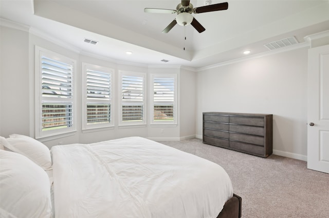 2751 Langley Way, Prosper, TX 75078 - carpeted bedroom with a raised ceiling, ornamental molding, recessed lighting, and ceiling fan