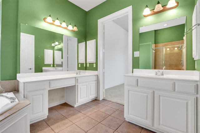 1910 Saint Johns Ave, Allen, TX 75002 - full bathroom featuring two vanities, a stall shower, a garden tub, and tile patterned floors