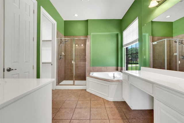 1910 Saint Johns Ave, Allen, TX 75002 - bathroom featuring vanity, a stall shower, a garden tub, and tile patterned floors
