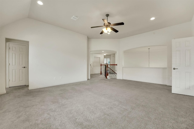 1910 Saint Johns Ave, Allen, TX 75002 - carpeted spare room with ceiling fan, arched walkways, recessed lighting, and lofted ceiling
