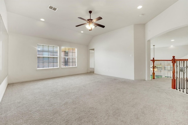 1910 Saint Johns Ave, Allen, TX 75002 - unfurnished room featuring ceiling fan, carpet flooring, arched walkways, recessed lighting, and lofted ceiling