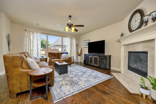 7219 Brisa Rd, Grand Prairie, TX 75054 - living room featuring ceiling fan, wood finished floors, and a premium fireplace