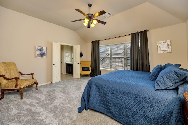 7219 Brisa Rd, Grand Prairie, TX 75054 - bedroom with vaulted ceiling, light colored carpet, and a ceiling fan
