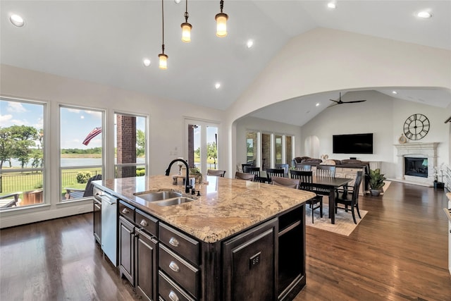 1400 Lakeside Dr, Prosper, TX 75078 - kitchen featuring vaulted ceiling, a ceiling fan, stainless steel dishwasher, open floor plan, and pendant lighting