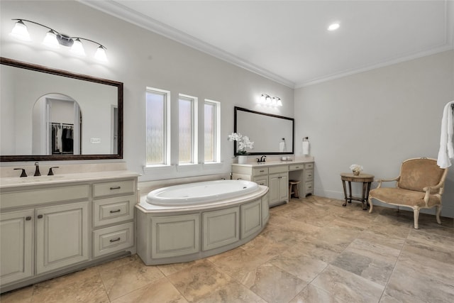 1400 Lakeside Dr, Prosper, TX 75078 - bathroom with ornamental molding, two vanities, a garden tub, and stone finish floors