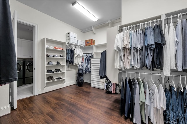 1400 Lakeside Dr, Prosper, TX 75078 - spacious closet featuring washing machine and clothes dryer and wood finished floors