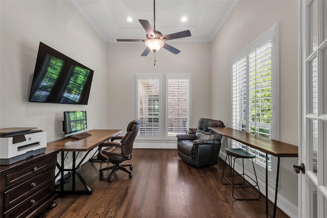 1400 Lakeside Dr, Prosper, TX 75078 - office with dark wood-style floors, ceiling fan, ornamental molding, and recessed lighting