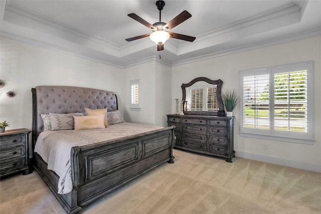 1400 Lakeside Dr, Prosper, TX 75078 - bedroom with a tray ceiling, light carpet, crown molding, and ceiling fan