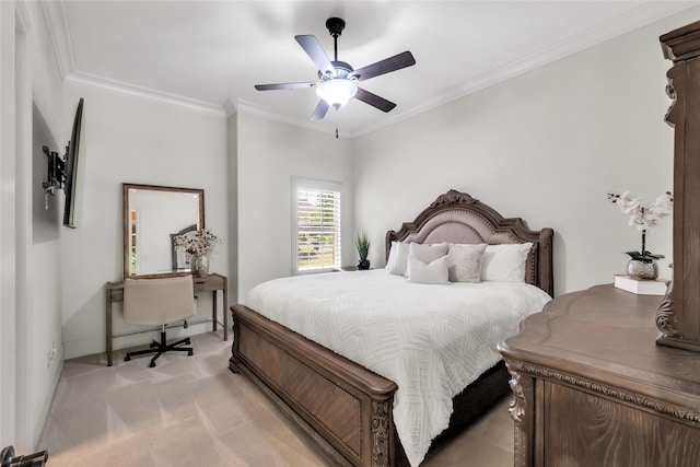 1400 Lakeside Dr, Prosper, TX 75078 - bedroom featuring light carpet, ornamental molding, and a ceiling fan