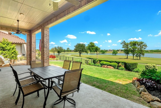 1400 Lakeside Dr, Prosper, TX 75078 - fenced backyard with a ceiling fan, a water view, a patio, and view of golf course