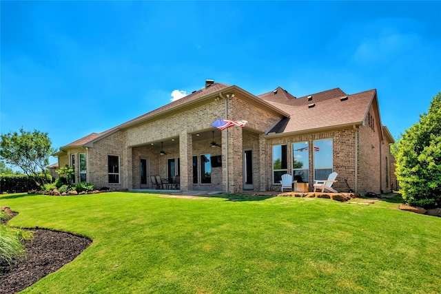 1400 Lakeside Dr, Prosper, TX 75078 - rear view of property with brick siding, a patio area, ceiling fan, and a lawn