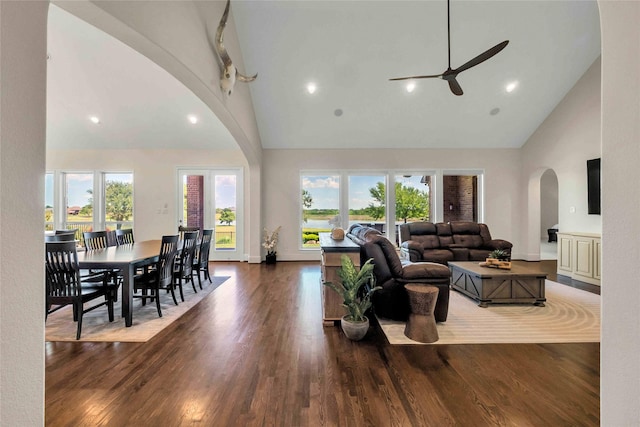 1400 Lakeside Dr, Prosper, TX 75078 - living area featuring arched walkways, high vaulted ceiling, ceiling fan, wood finished floors, and healthy amount of natural light