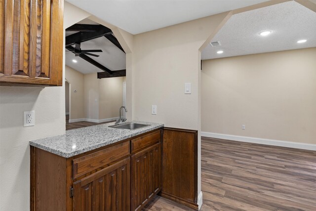 1037 Alicia Ln, Lancaster, TX 75134 - kitchen featuring wood finished floors, ceiling fan, light stone counters, recessed lighting, and a peninsula