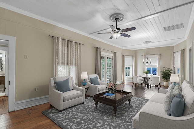 401 N Benge, Mckinney, TX 75069 - living area with hardwood / wood-style floors, a chandelier, ceiling fan, crown molding, and wooden ceiling