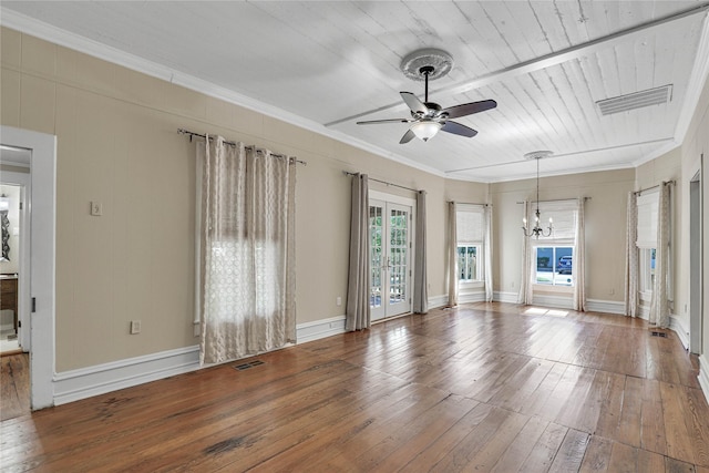 401 N Benge, Mckinney, TX 75069 - unfurnished room with a chandelier, ceiling fan, hardwood / wood-style floors, crown molding, and wooden ceiling