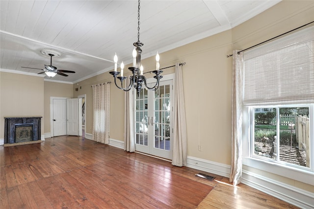 401 N Benge, Mckinney, TX 75069 - unfurnished living room featuring a chandelier, crown molding, wood-type flooring, ceiling fan, and french doors