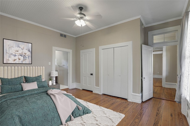 401 N Benge, Mckinney, TX 75069 - bedroom with hardwood / wood-style floors, crown molding, and ceiling fan