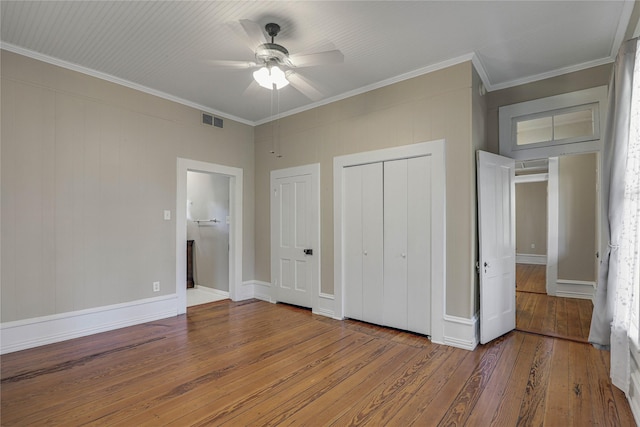 401 N Benge, Mckinney, TX 75069 - unfurnished bedroom featuring wood-type flooring, crown molding, and a ceiling fan