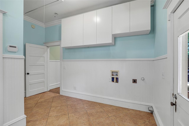 401 N Benge, Mckinney, TX 75069 - laundry room featuring hookup for an electric dryer, wainscoting, cabinet space, washer hookup, and ornamental molding