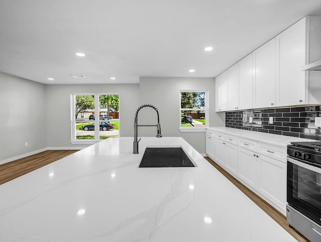3505 Morningstar Ln, Farmers Branch, TX 75234 - kitchen with stainless steel gas stove, light stone counters, wood finished floors, plenty of natural light, and recessed lighting