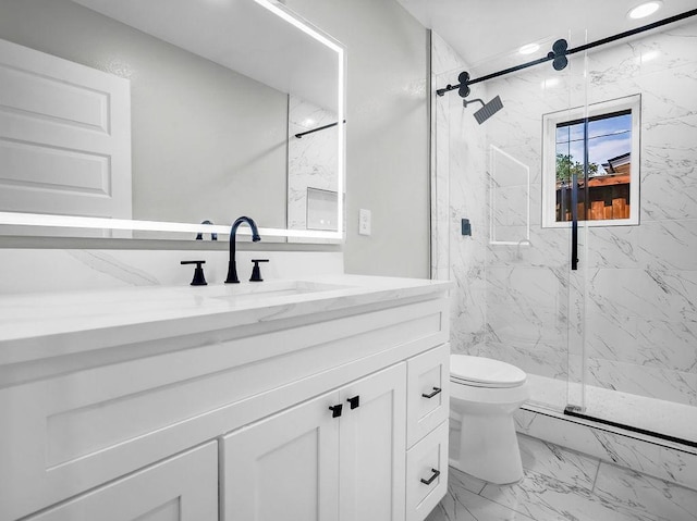 3505 Morningstar Ln, Farmers Branch, TX 75234 - bathroom with marble look tiles, a marble finish shower, vanity, and recessed lighting