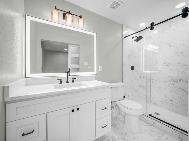 3505 Morningstar Ln, Farmers Branch, TX 75234 - full bath with a marble finish shower, vanity, and marble look tile flooring