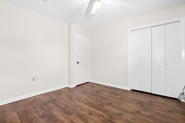 301 Sunset Blvd, Hewitt, TX 76643 - unfurnished bedroom featuring dark wood-style floors, a closet, and a ceiling fan