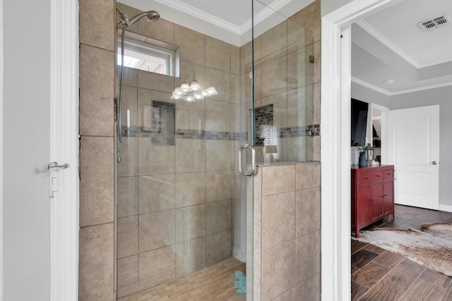 5631 Mission Ct, Midlothian, TX 76065 - bathroom with a stall shower and ornamental molding