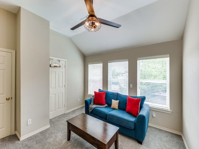 6505 Tamarron Ln, Plano, TX 75024 - living area featuring ceiling fan, lofted ceiling, and light colored carpet