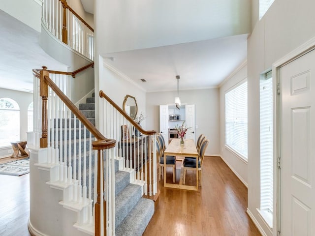 6505 Tamarron Ln, Plano, TX 75024 - stairway with wood finished floors, ornamental molding, and a high ceiling