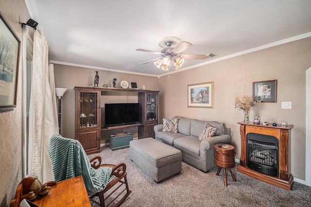 504 Harrison Ln, Hurst, TX 76053 - living room with ceiling fan, carpet, and ornamental molding