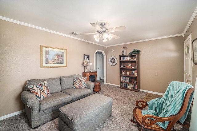 504 Harrison Ln, Hurst, TX 76053 - living room featuring ceiling fan, arched walkways, crown molding, and carpet floors