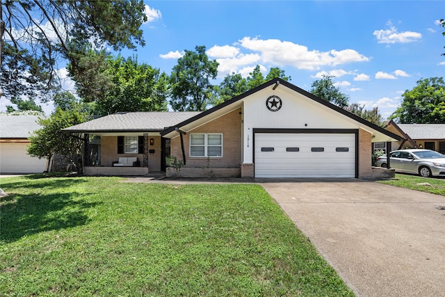1914 Normandy Dr, Irving, TX 75060 - ranch-style home with brick siding, an attached garage, a front lawn, driveway, and a porch