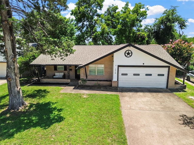 1914 Normandy Dr, Irving, TX 75060 - view of front of home with brick siding, a garage, a shingled roof, concrete driveway, and a front lawn
