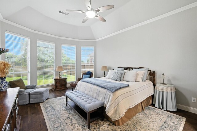 8161 Watson Rd, Lantana, TX 76226 - bedroom featuring dark wood-style flooring, crown molding, a raised ceiling, a ceiling fan, and vaulted ceiling