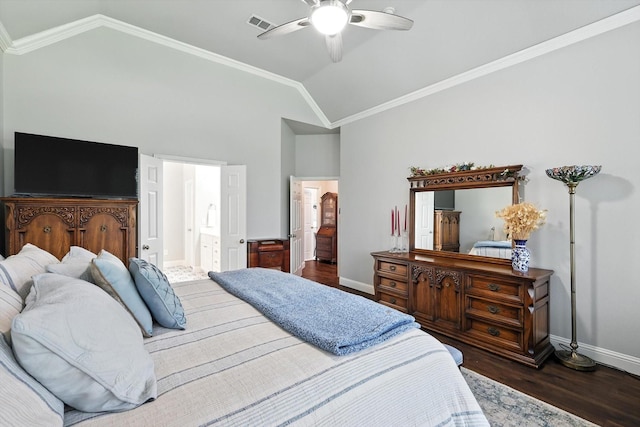 8161 Watson Rd, Lantana, TX 76226 - bedroom with dark wood finished floors, ornamental molding, ensuite bathroom, ceiling fan, and high vaulted ceiling