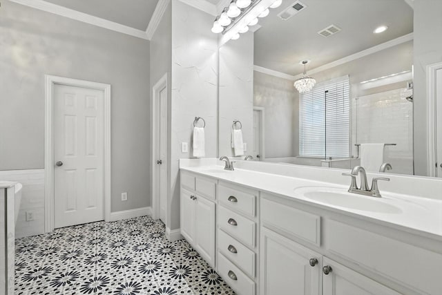 8161 Watson Rd, Lantana, TX 76226 - full bath featuring ornamental molding, double vanity, tile patterned floors, and a shower